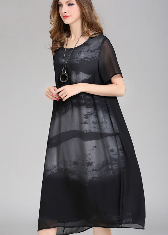 Boutique Black O Neck Print Patchwork Chiffon Dress Summer