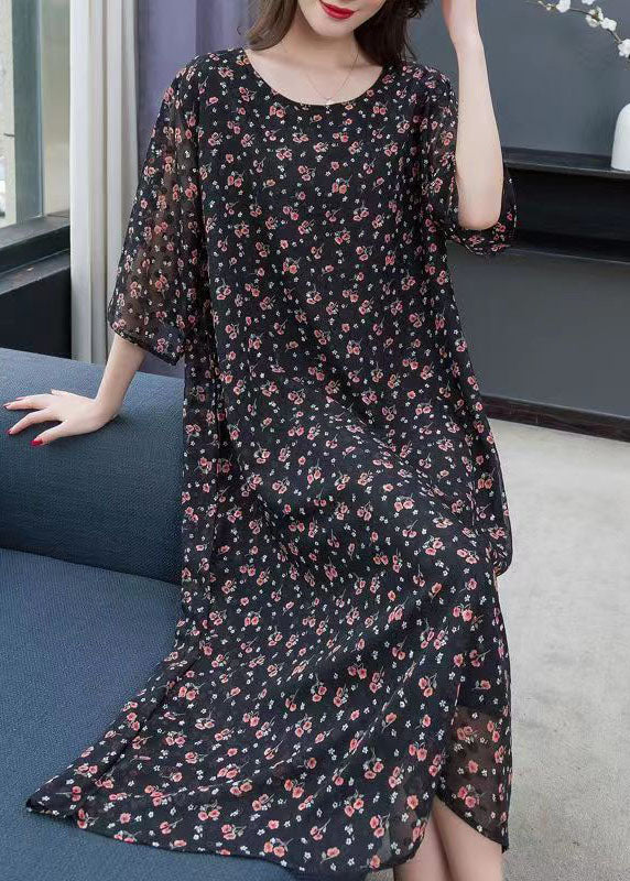 Boutique Black O Neck Print Patchwork Chiffon Dresses Summer