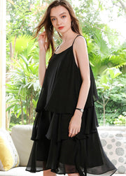 Boutique Black Oversized Layered Design Chiffon Spaghetti Strap Dresses Summer