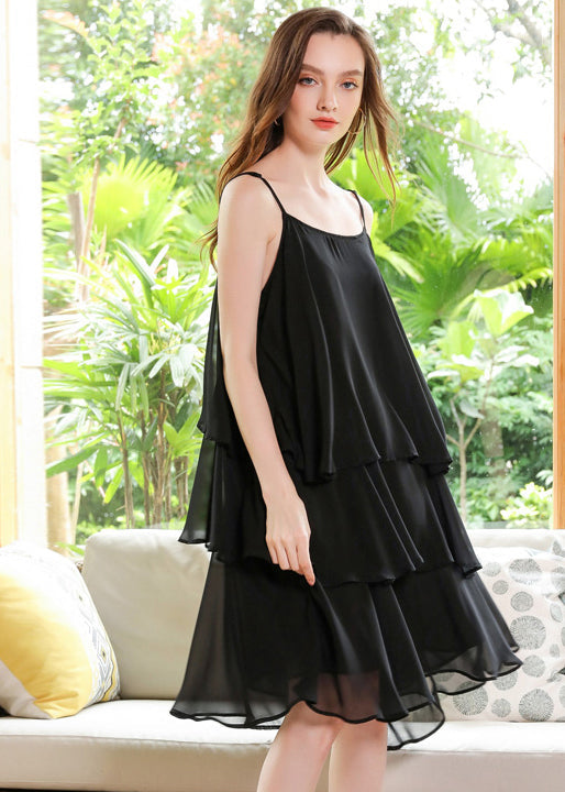 Boutique Black Oversized Layered Design Chiffon Spaghetti Strap Dresses Summer