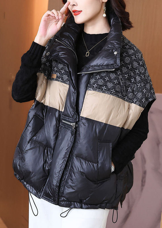 Boutique Black Oversized Patchwork Drawstring Fine Cotton Filled Puffer Vest Winter