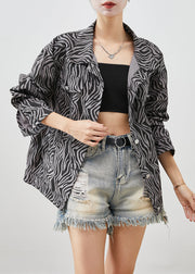 Boutique Black Oversized Zebra Pattern Denim Coat Fall