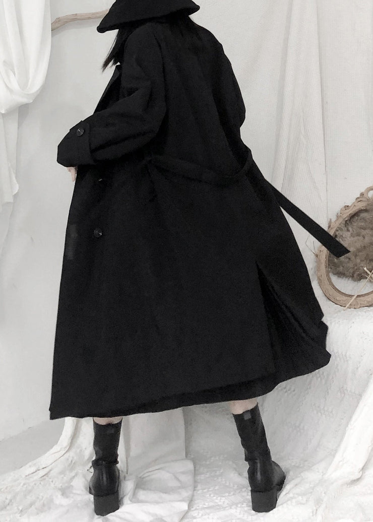 Boutique Black Peter Pan Collar Sashes Button Long Trench Coats Long Sleeve