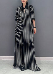 Boutique Black Peter Pan Collar Striped Chiffon Two Pieces Set Summer