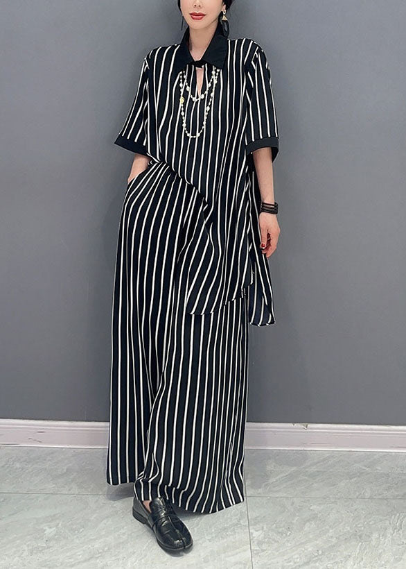 Boutique Black Peter Pan Collar Striped Chiffon Two Pieces Set Summer