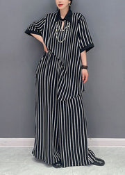 Boutique Black Peter Pan Collar Striped Chiffon Two Pieces Set Summer