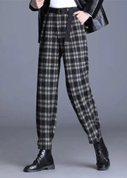 Boutique Black Plaid Pockets High Waist Woolen Pants Spring