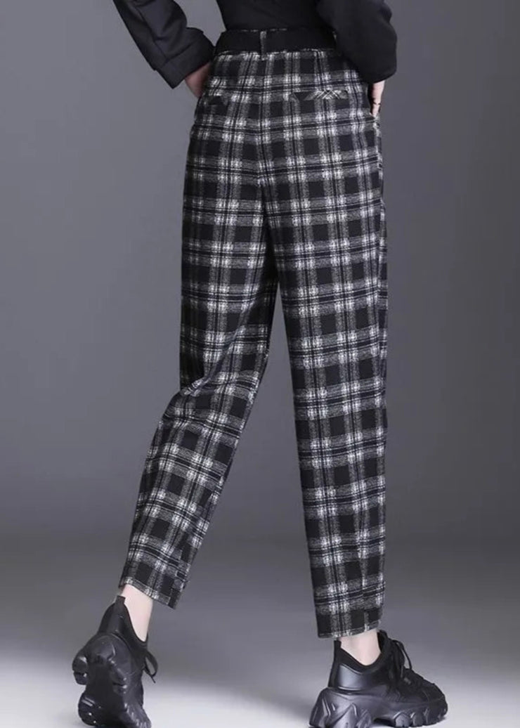 Boutique Black Plaid Pockets High Waist Woolen Pants Spring