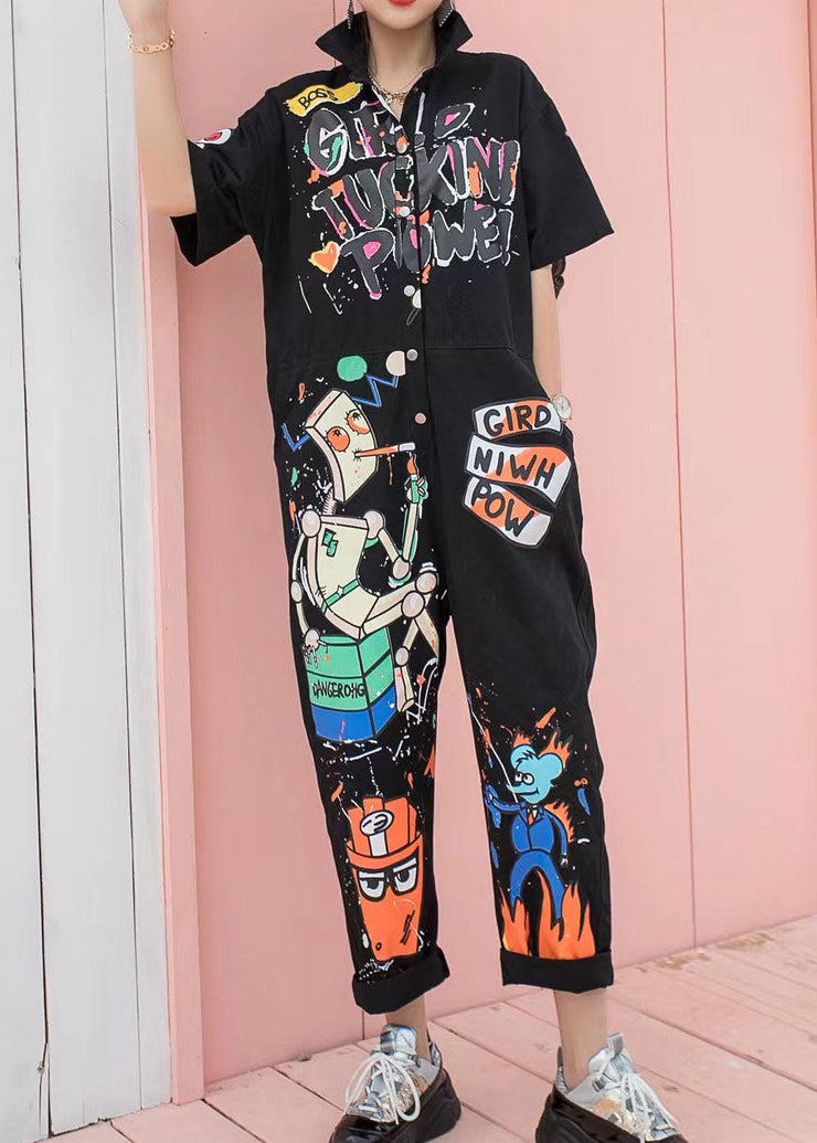 Boutique Black Pockets Cartoon Print Patchwork Cotton Jumpsuits Summer