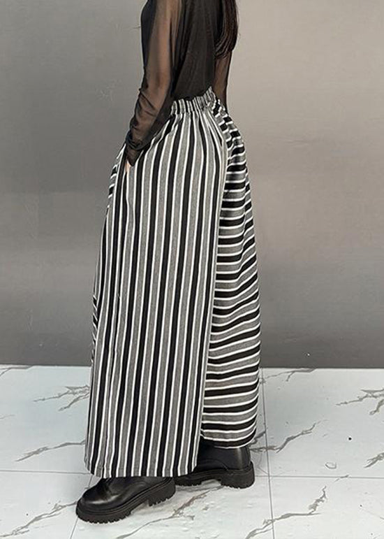 Boutique Black Pockets Striped Cotton Wide Leg Pants Fall