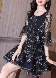 Boutique Black Ruffled Embroideried Patchwork Tulle Dresses Fall