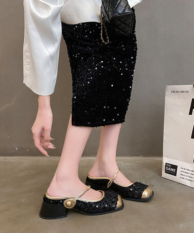 Boutique Black Sequins Splicing Chunky Heel Slide Sandals