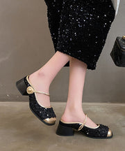 Boutique Black Sequins Splicing Chunky Heel Slide Sandals