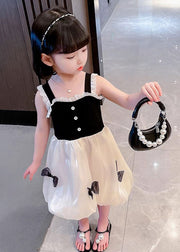 Boutique Black Square Collar Lace Patchwork Bow Silk Girls Vacation Slip Mid Dress Summer