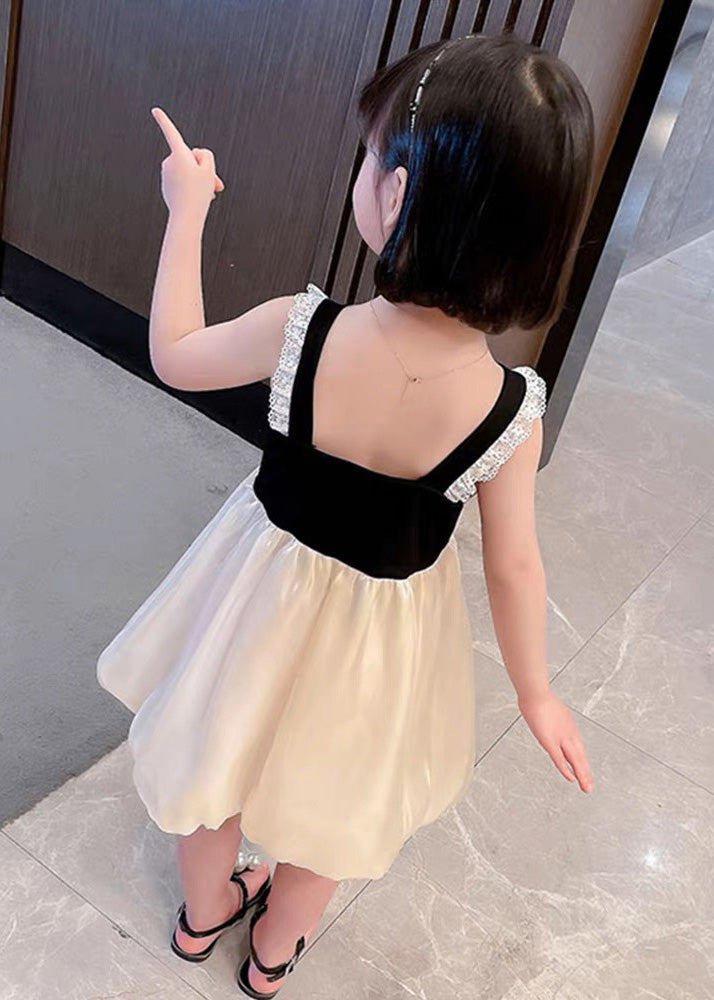 Boutique Black Square Collar Lace Patchwork Bow Silk Girls Vacation Slip Mid Dress Summer