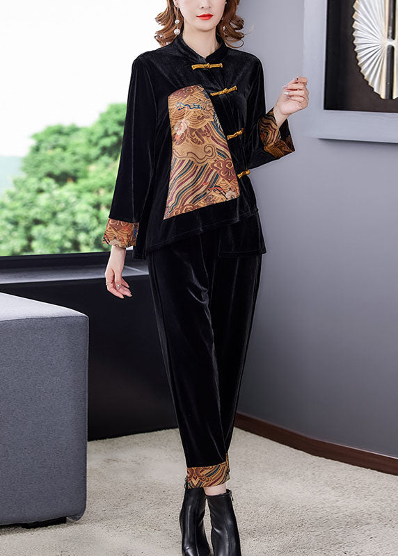 Boutique Black Stand Collar Chinese Button Patchwork Silk Velour Two Pieces Set Long Sleeve