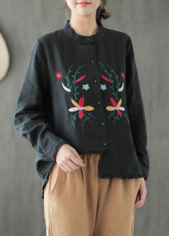 Boutique Black Stand Collar Embroideried Ruffled Low High Design Linen Shirt Long Sleeve