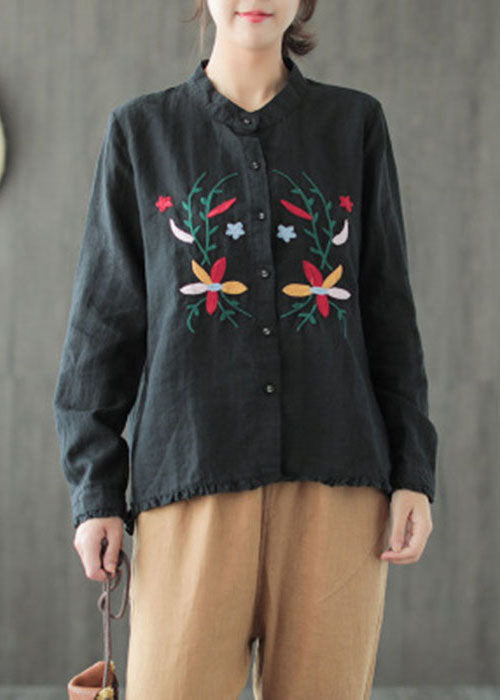 Boutique Black Stand Collar Embroideried Ruffled Low High Design Linen Shirt Long Sleeve