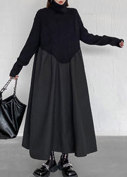 Boutique Black Turtleneck Patchwork Wrinkled Knit Maxi Dresses Winter