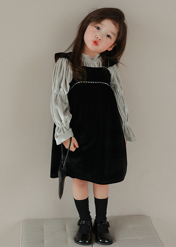 Boutique Black Turtleneck Wrinkled Velour Girls Two Pieces Set Flare Sleeve