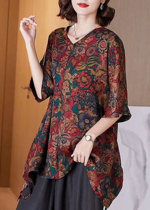 Boutique Black V Neck Asymmetrical Hem Print Silk Long Blouse Top Half Sleeve