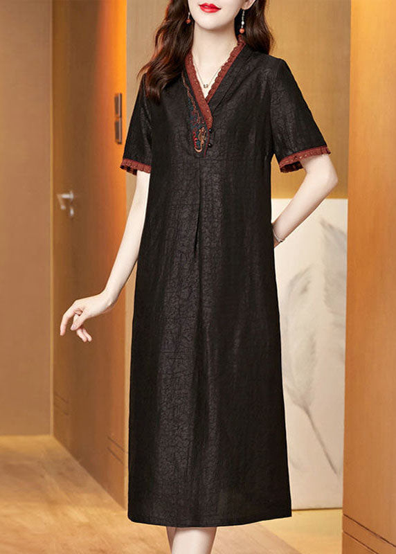 Boutique Black V Neck Embroideried Patchwork Silk Dresses Summer