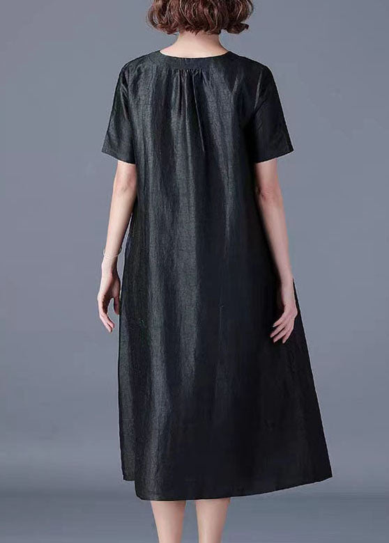 Boutique Black V Neck Pockets Patchwork Loose Silk Dress Summer