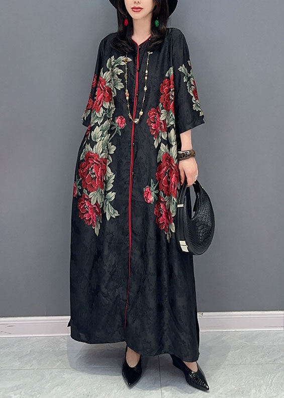 Boutique Black V Neck Print Button Patchwork Silk Long Dress Summer