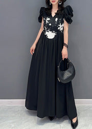 Boutique Black V Neck Print Elastic Waist Maxi Dress Short Sleeve