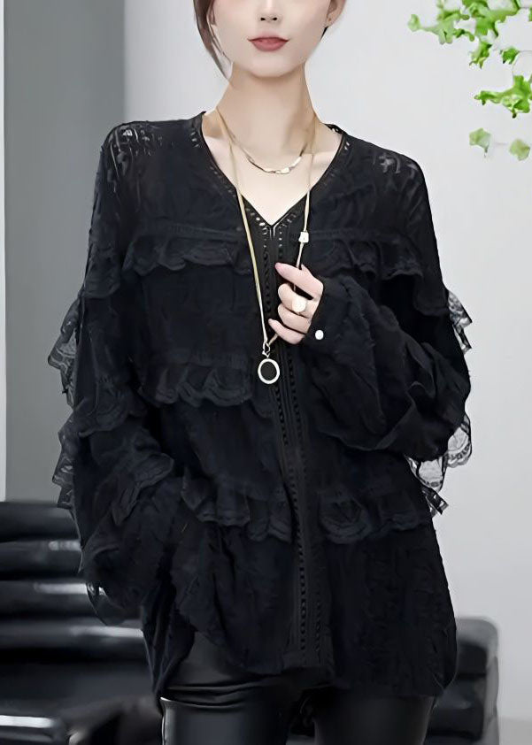 Boutique Black V Neck Ruffled Patchwork Lace Top Spring