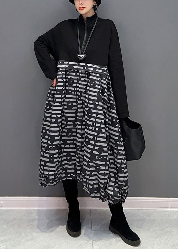 Boutique Black Zip Up Patchwork Print Long Dress Spring