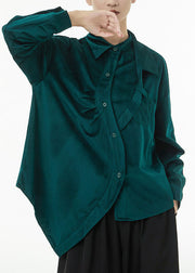 Boutique Blackish Green Asymmetrical Wrinkled Silk Velour Shirts Spring