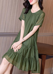 Boutique Blackish Green O-Neck Ruffles Cinched Vacation Dresses Short Sleeve