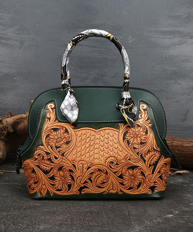 Boutique Blackish Green Print Patchwork Calf Leather Tote Handbag