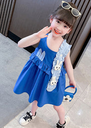 Boutique Blue Asymmetrical Patchwork Ruffled Kids Vacation Mid Dress Sleeveless