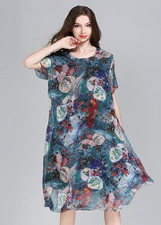 Boutique Blue Asymmetrical Print Patchwork Chiffon Mid Dress Summer