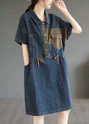 Boutique Blue Button Drawstring Pockets Patchwork Denim Mid Dress Summer