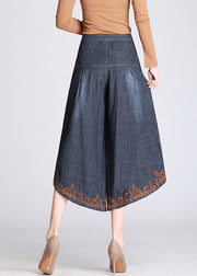 Boutique Blue Embroidered Pockets Cotton Crop Pants Skirt Summer
