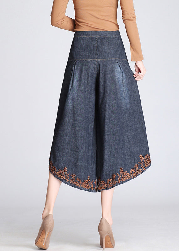 Boutique Blue Embroidered Pockets Cotton Crop Pants Skirt Summer