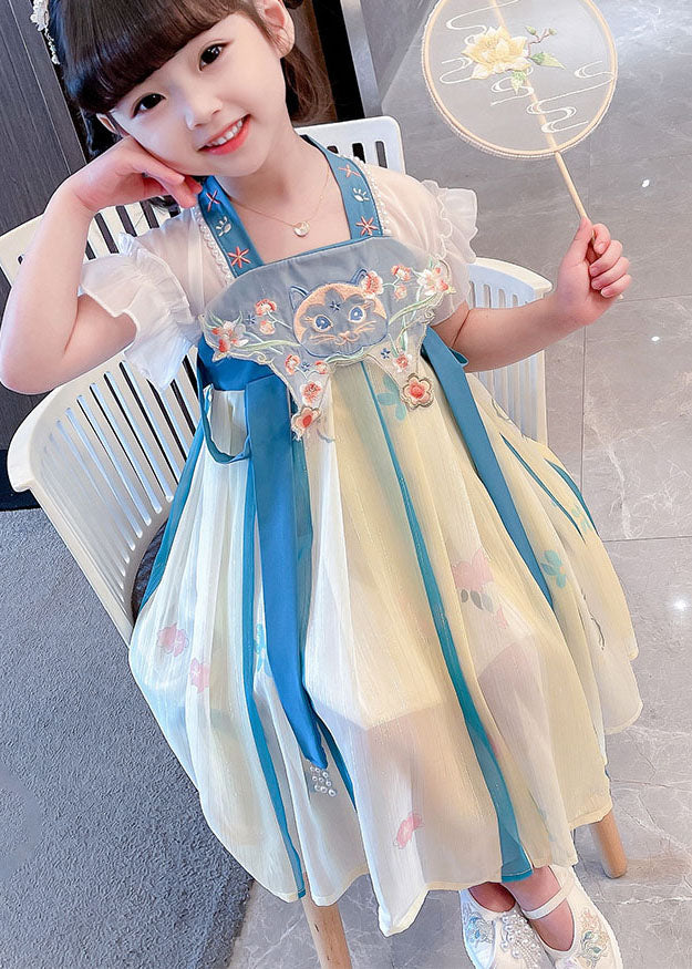 Boutique Blue Embroideried Cats Patchwork Chiffon Baby Girls Dresses Summer