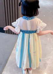 Boutique Blue Embroideried Cats Patchwork Chiffon Baby Girls Dresses Summer