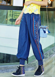 Boutique Blue Embroideried Elastic Waist Cotton Denim Harem Pants Spring