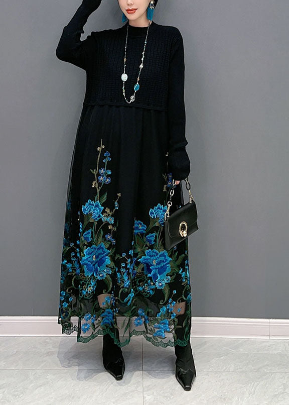 Boutique Blue Embroideried Patchwork Knit Maxi Dress Spring