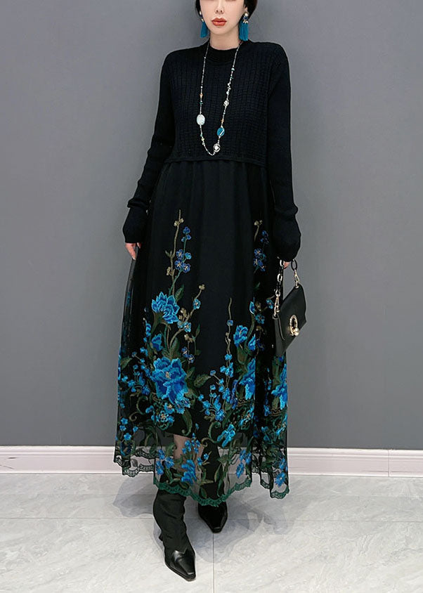 Boutique Blue Embroideried Patchwork Knit Maxi Dress Spring