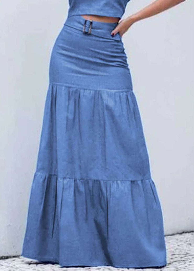 Boutique Blue High Waist Patchwork Wrinkled Denim Skirt Summer