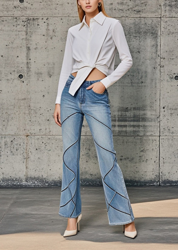 Boutique Blue High Waist Striped Denim Flared Pants Fall