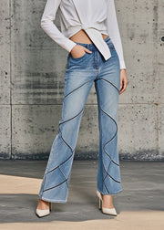 Boutique Blue High Waist Striped Denim Flared Pants Fall