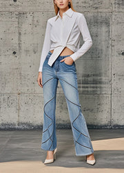 Boutique Blue High Waist Striped Denim Flared Pants Fall