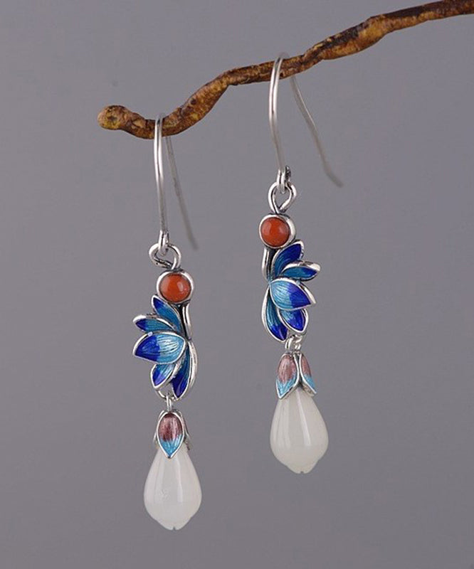 Boutique Blue Lotus Floral Silver Jade Drop Earrings