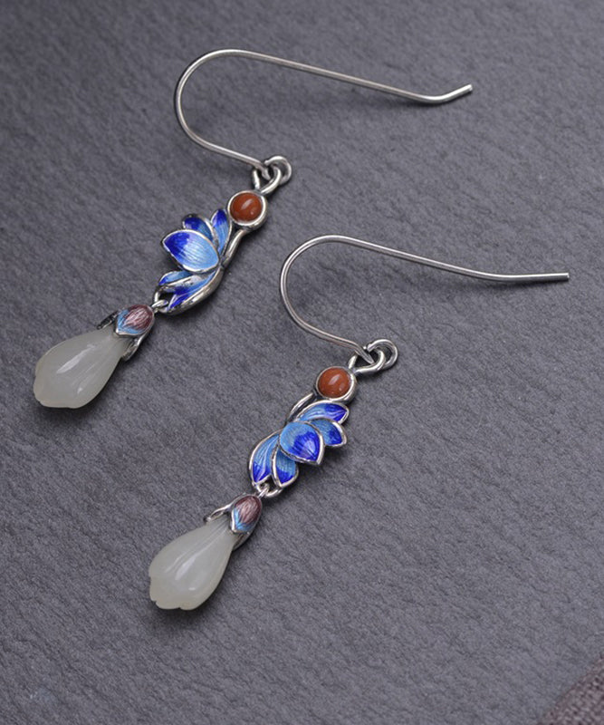 Boutique Blue Lotus Floral Silver Jade Drop Earrings